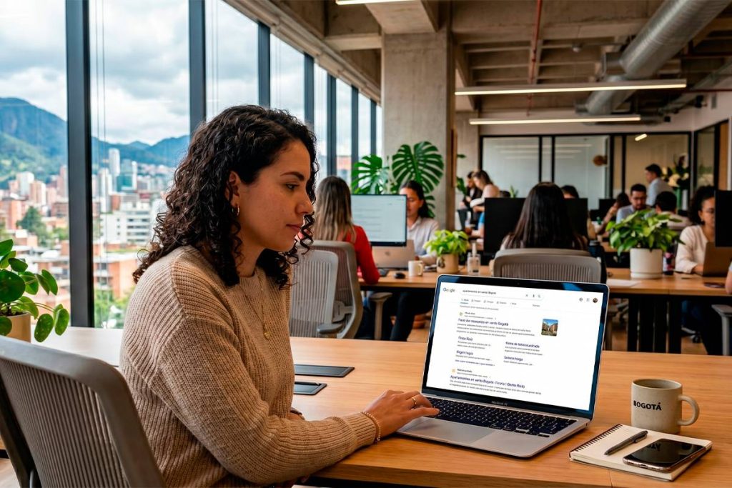Consultora analizando resultados de búsqueda en Google para "apartamentos en venta Bogotá" desde una oficina moderna con vista a la ciudad.
