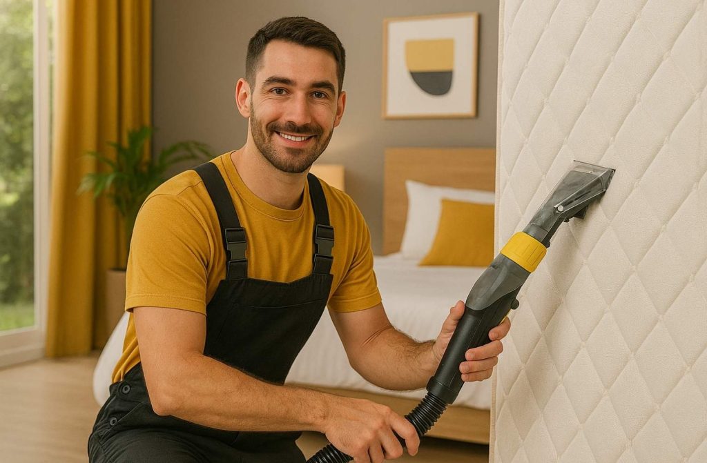 Hombre limpiando una cama con atención y cuidado, mostrando su limpieza experta