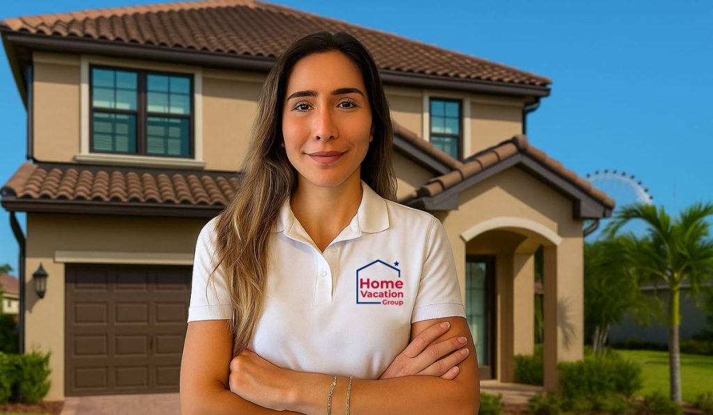 A woman in a white shirt stands smiling in front of a house, representing the Home Vacation Group.