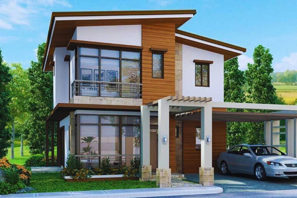 Design of a two-story house with a car parked in front of it.