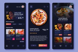 Three screens displaying different types of food in a varied and colorful presentation.