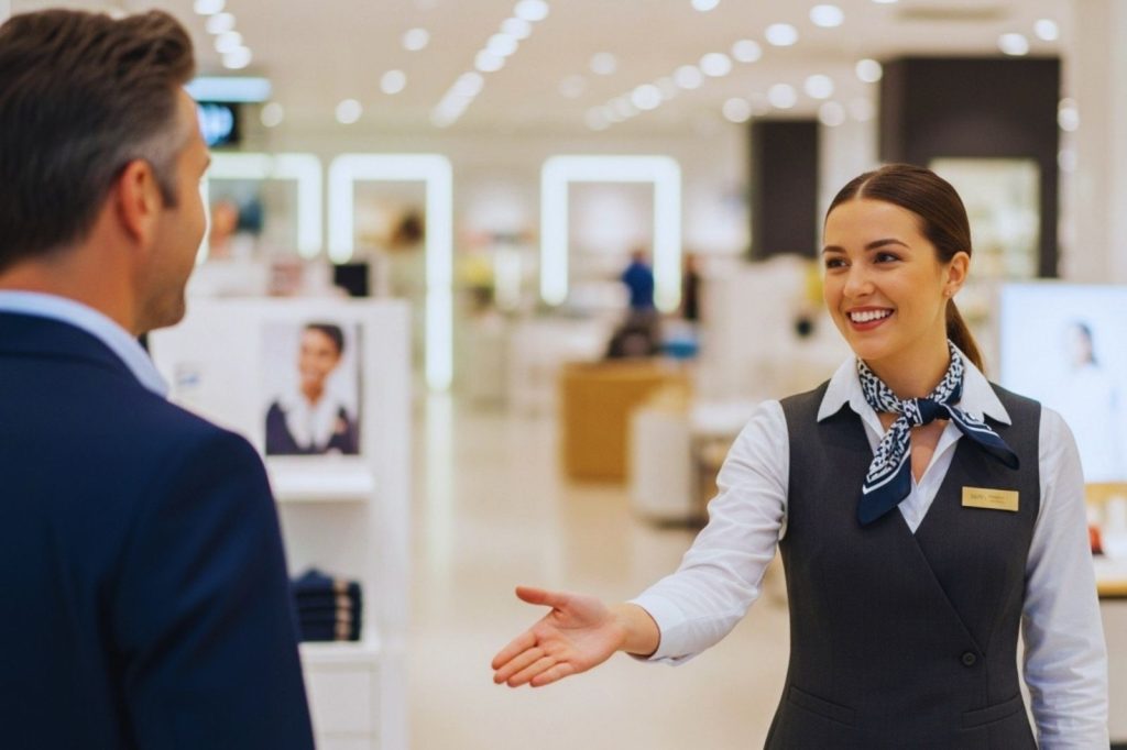 En una tienda, una mujer y un hombre se saludan con un apretón de manos, mostrando una interacción cordial.