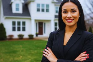 Woman dressed in a business suit, posing in front of a house, symbolizing success and professionalism.