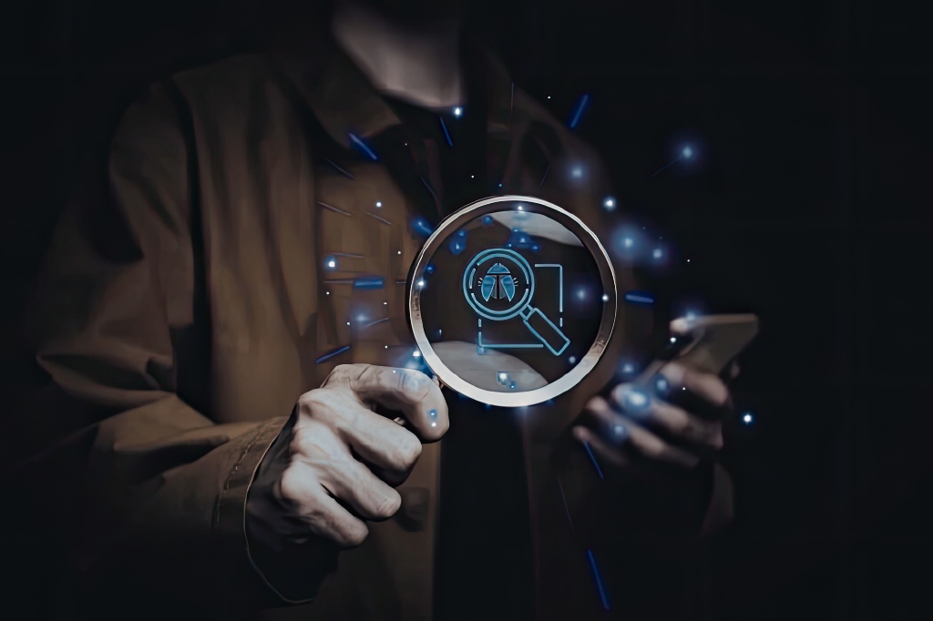 Persona sosteniendo una lupa que resalta un icono de búsqueda digital brillante sobre un fondo oscuro.