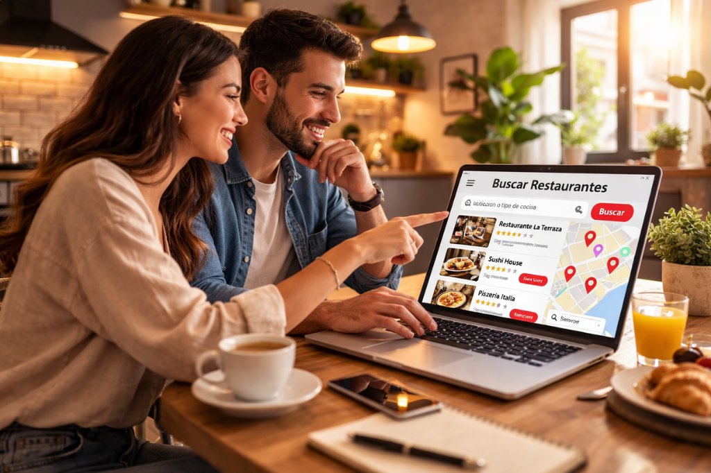 Usuarios utilizando una plataforma de búsqueda local para encontrar restaurantes cercanos con buenas reseñas y ubicación en mapa.