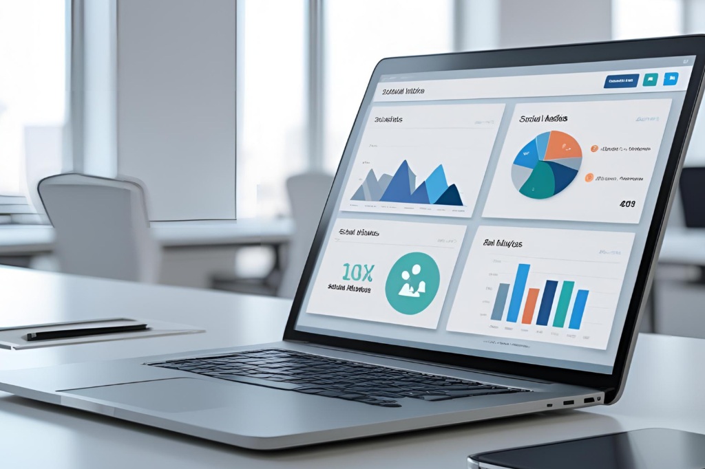Computadora portátil sobre un escritorio de oficina mostrando un panel de control con gráficos estadísticos y métricas.