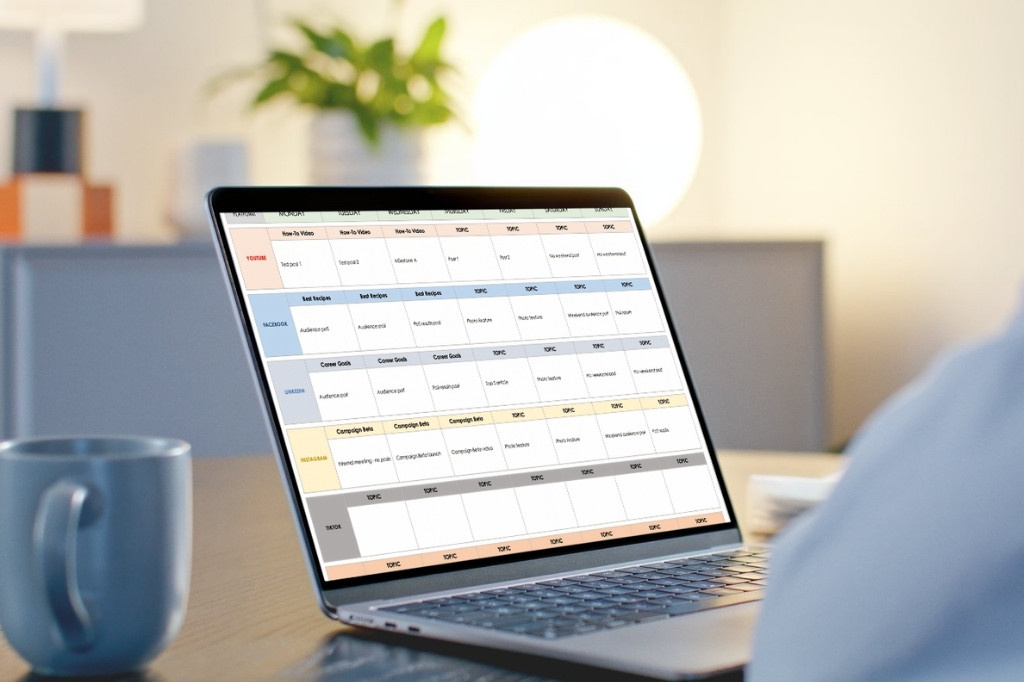Calendario editorial de redes sociales en una laptop para planificar contenidos de un hotel boutique