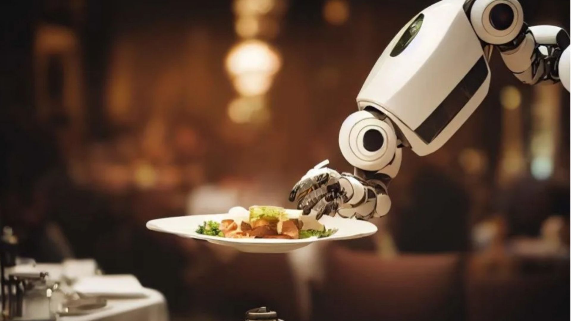 Brazo robótico articulado sirviendo un plato de comida gourmet en un restaurante de lujo con iluminación cálida.