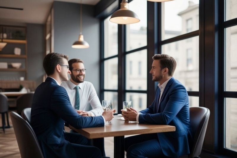 Ejecutivos del sector MICE manteniendo una reunión de negocios y networking en un entorno corporativo moderno.