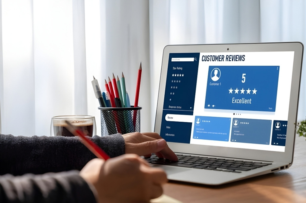 Pantalla de computadora mostrando reseñas de 5 estrellas y comentarios excelentes de clientes, clave para la reputación online hotelera.