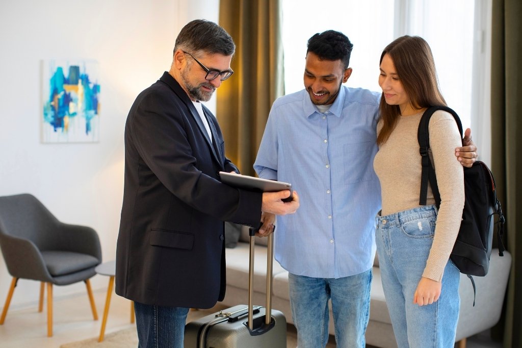 Gerente de hotel boutique mostrando servicios personalizados en una tablet a una pareja de viajeros.