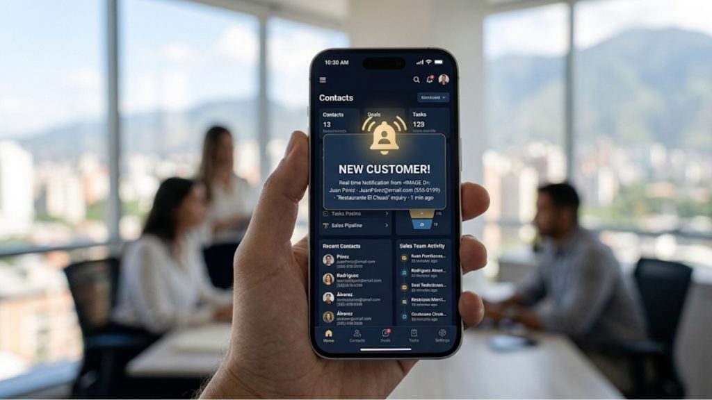 Smartphone mostrando una notificación de "New Customer" en tiempo real.