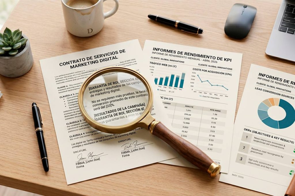 Contrato de servicios con garantía de ROI, informes de KPI mensuales y objetivos OKR claros para el cliente.