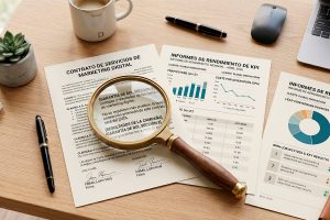 Contrato de servicios con garantía de ROI, informes de KPI mensuales y objetivos OKR claros para el cliente.