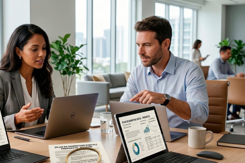 Especialistas analizando un plan de marketing y propuesta de inversión en una oficina corporativa moderna.