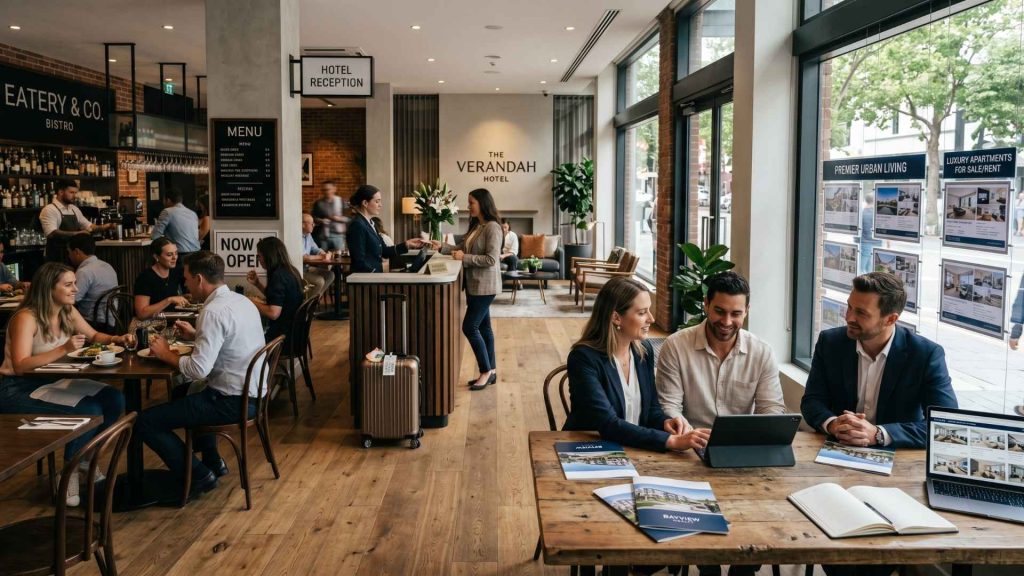 Lobby de hotel de lujo integrando restaurante bistró, recepción de huéspedes y oficina de ventas inmobiliarias con apartamentos de lujo.