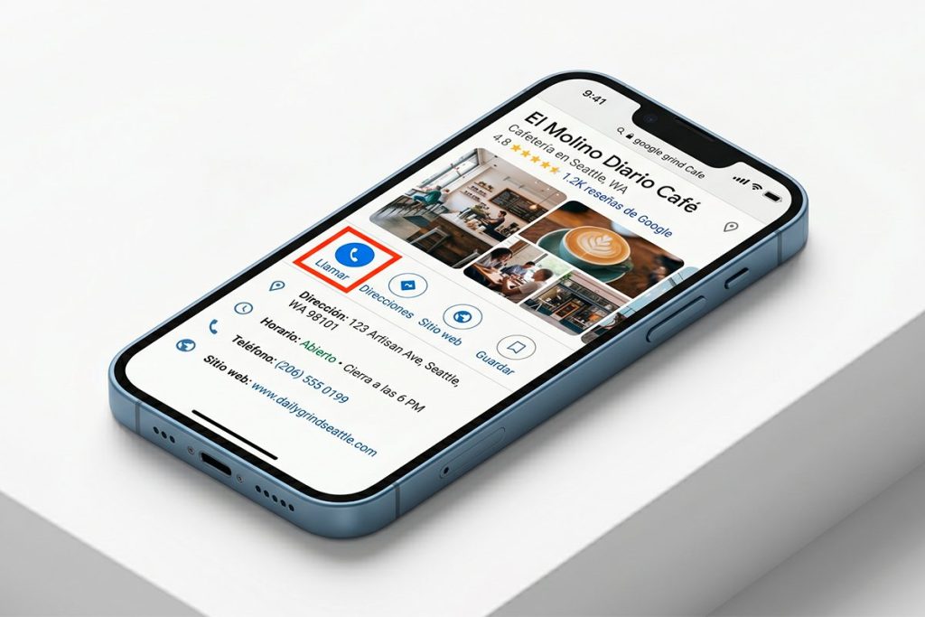 Smartphone mostrando la ficha optimizada de una cafetería con el botón de "Llamar" resaltado para mejorar la conversión de clientes locales.