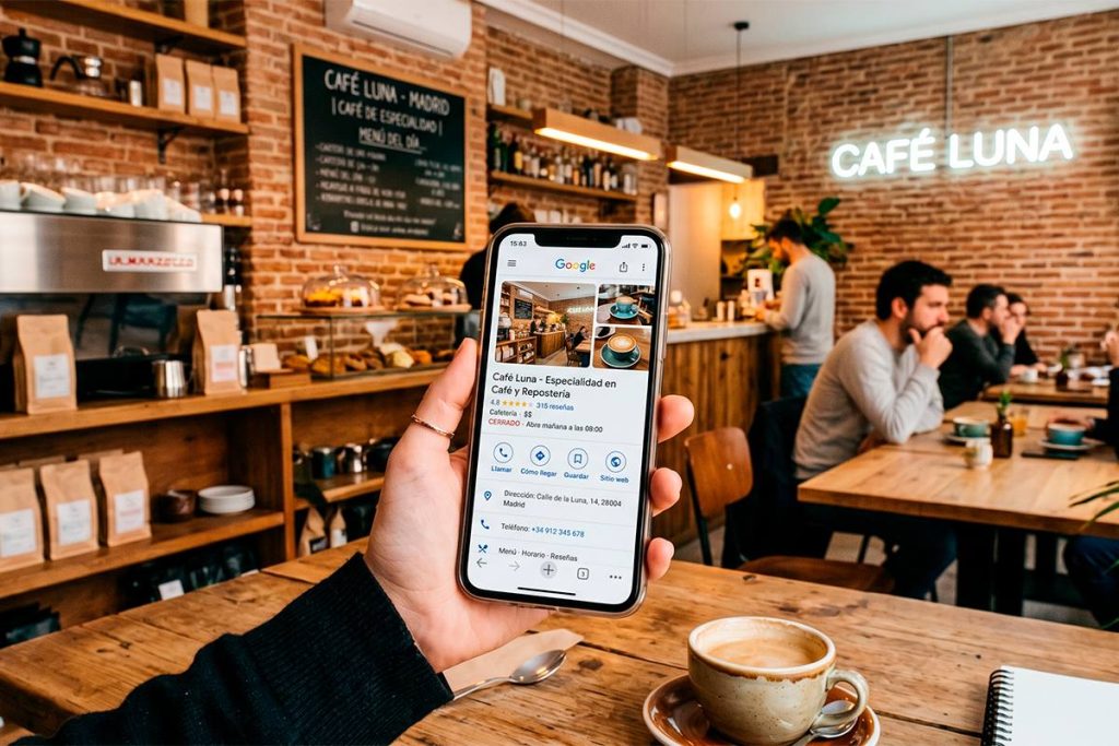 Smartphone mostrando la ficha de Google Business Profile de Café Luna.