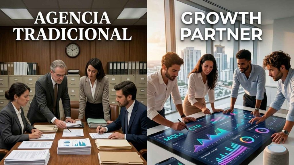 Comparativa visual de una oficina antigua con papel vs. un equipo moderno analizando MQLs y CTR en pantallas táctiles de alta tecnología.