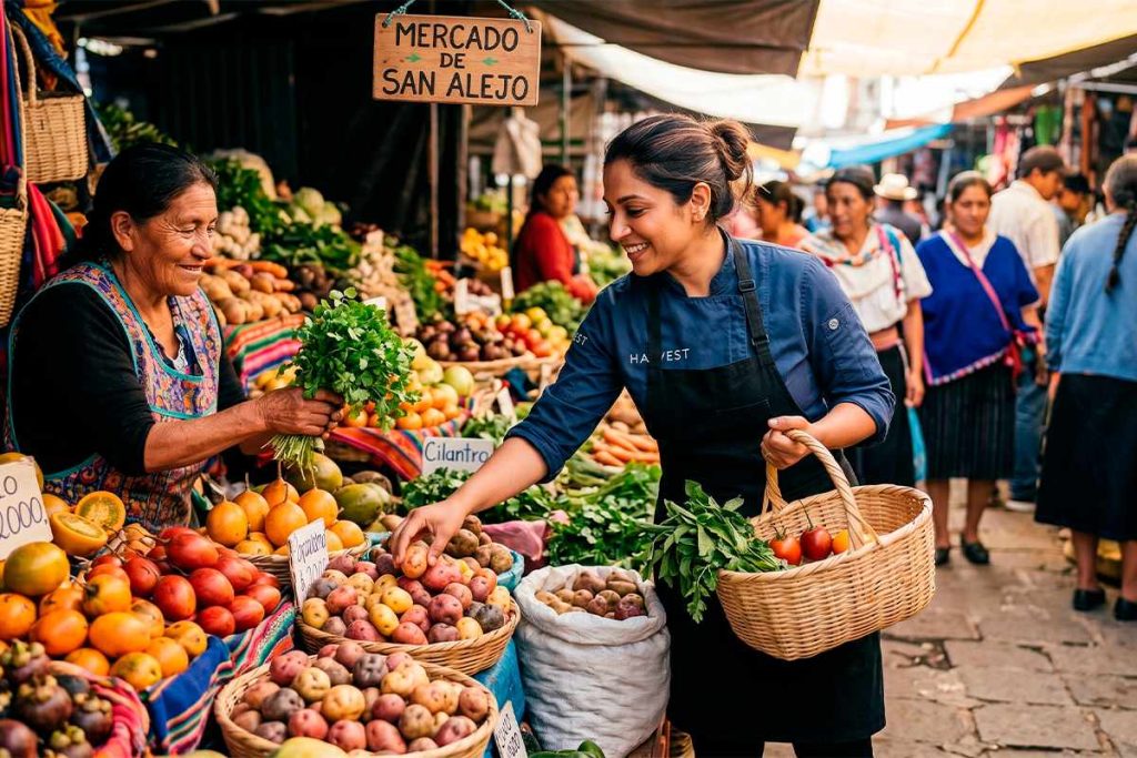 Chef profesional seleccionando ingredientes frescos en el Mercado de San Alejo, destacando el uso de productos locales y de origen.