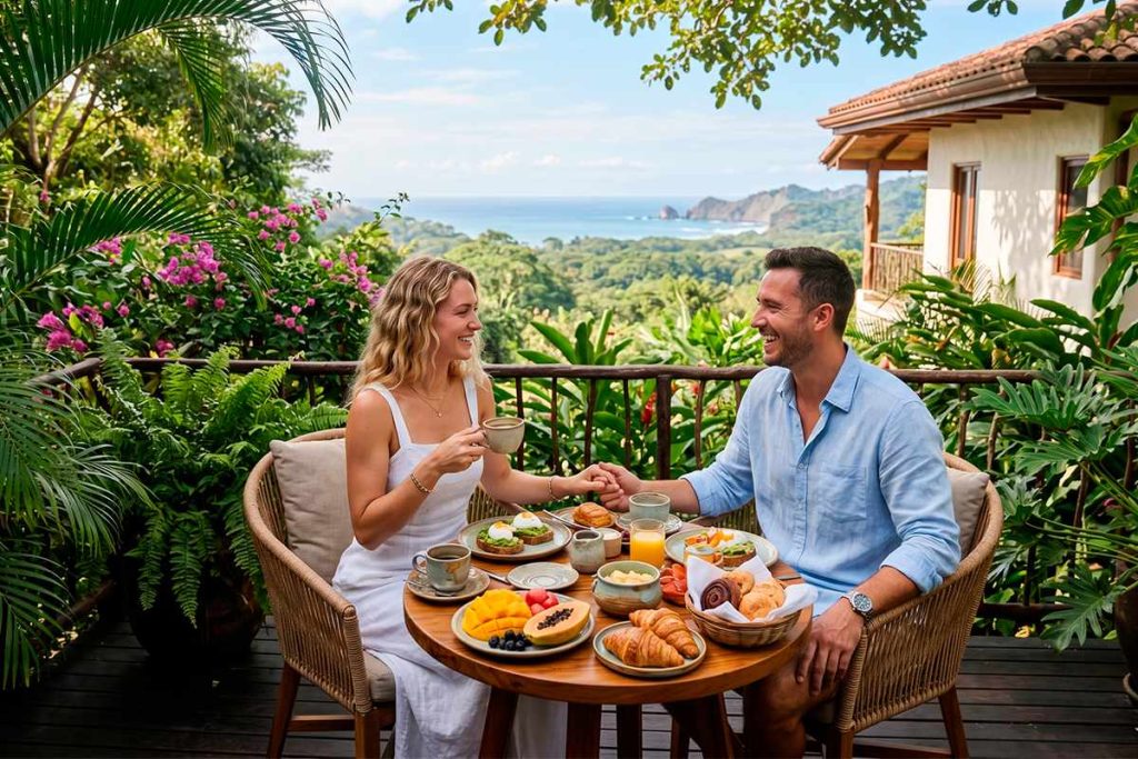 Pareja disfrutando de un desayuno gourmet en un balcón privado con vistas panorámicas a la selva y el mar.