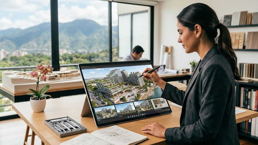 Arquitecta diseñando un proyecto de edificios sostenibles en una tablet con lápiz óptico en una oficina moderna.