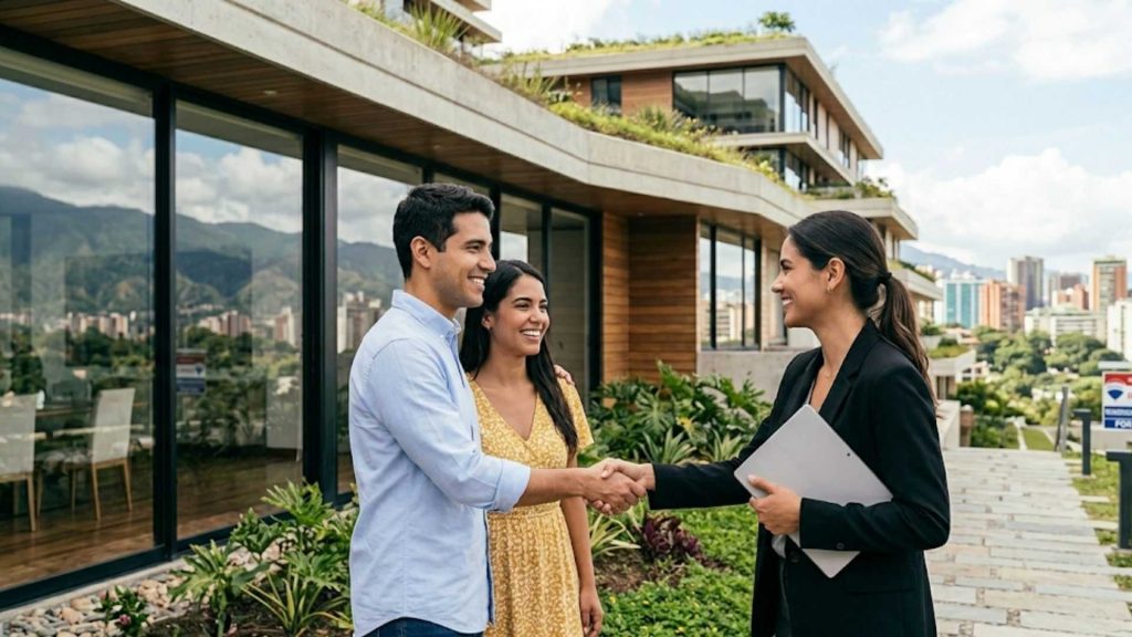 Agente de bienes raíces sonriente estrechando la mano de una pareja joven frente a una casa de lujo moderna con jardín sostenible.