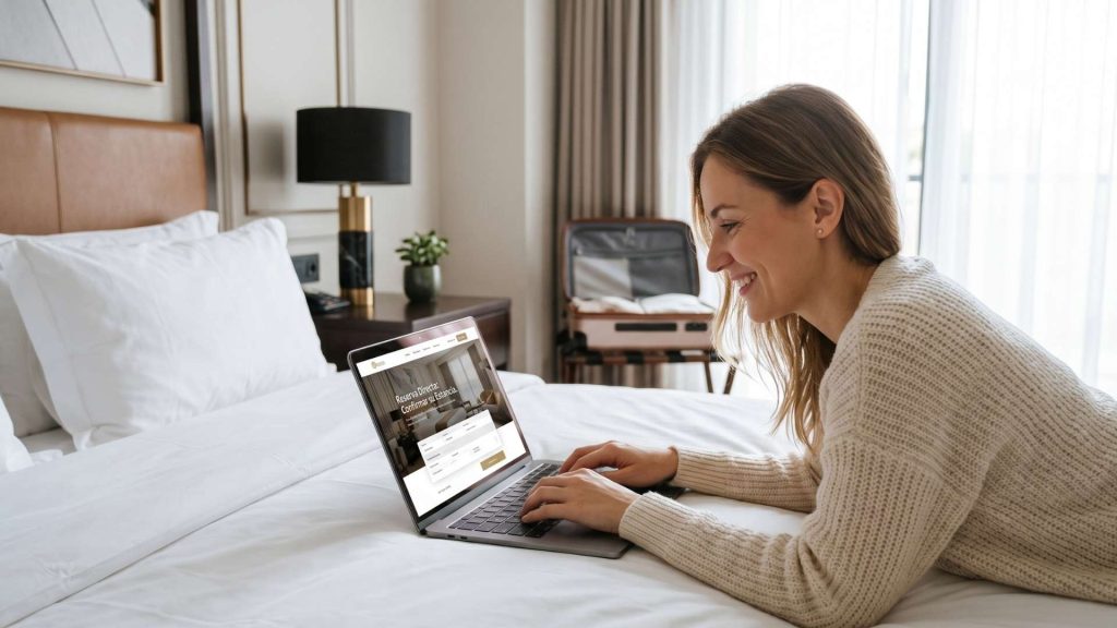 Mujer sonriente acostada en una cama de hotel usando una computadora portátil que muestra el portal de reservas reserva directa.