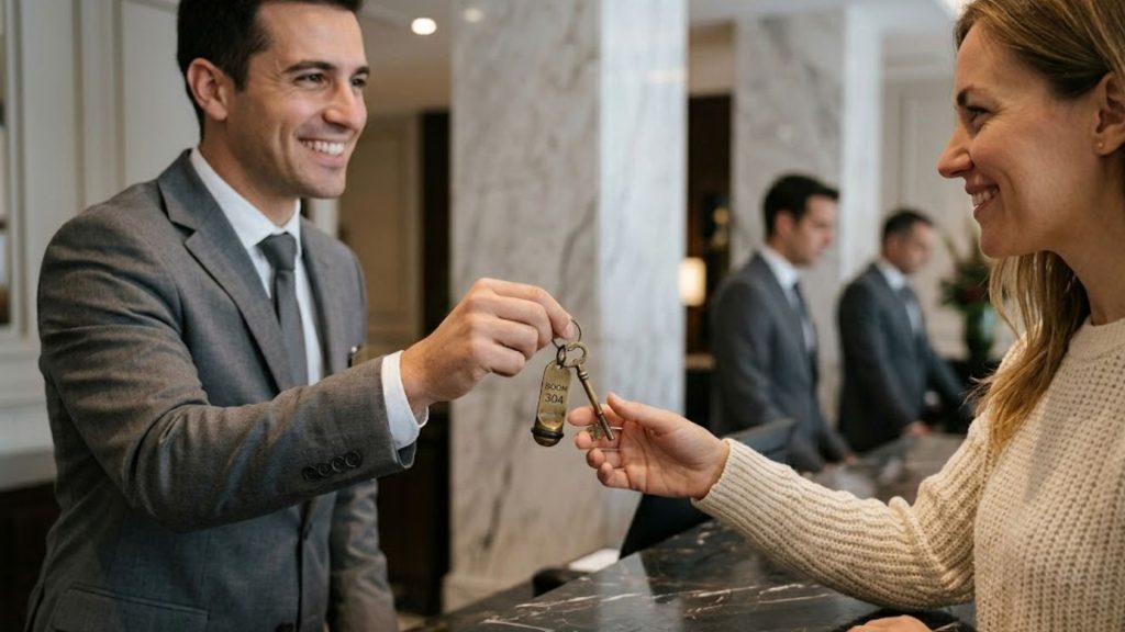 Recepcionista entregando llaves físicas a una huésped durante el check-in.