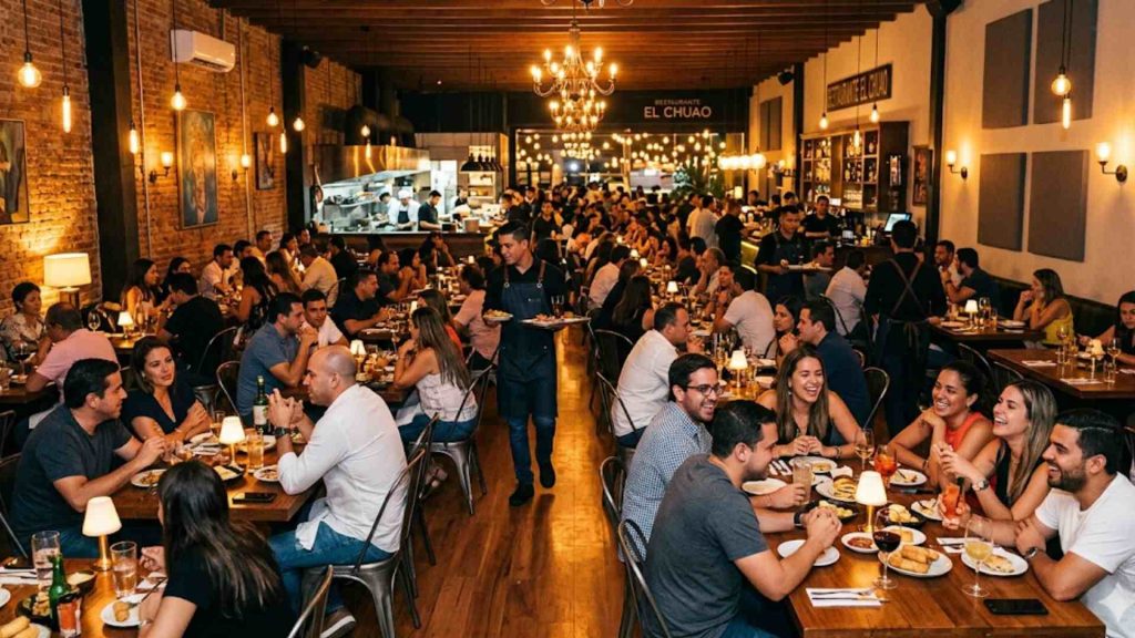 alón lleno del restaurante, demostrando alta ocupación, excelente ambiente nocturno y servicio eficiente.