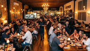 alón lleno del restaurante, demostrando alta ocupación, excelente ambiente nocturno y servicio eficiente.