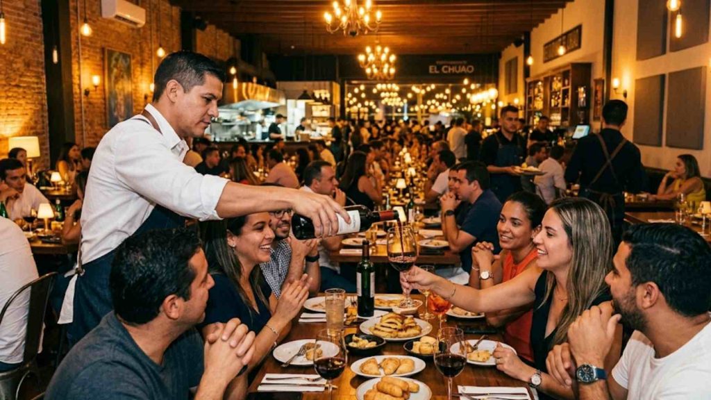 Mesero sirviendo vino tinto a comensales sonrientes en el restaurante.
