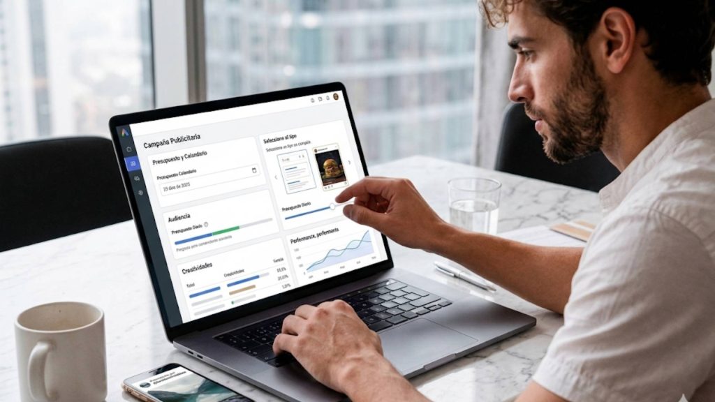 Joven profesional trabajando en una laptop configurando una campaña publicitaria en Google Ads