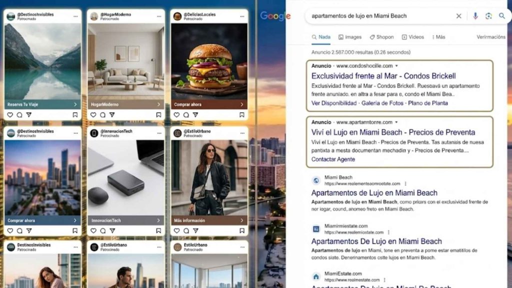 Comparativa de plataformas publicitarias: Anuncios visuales en Meta Ads (Instagram) vs. anuncios de texto en Google.