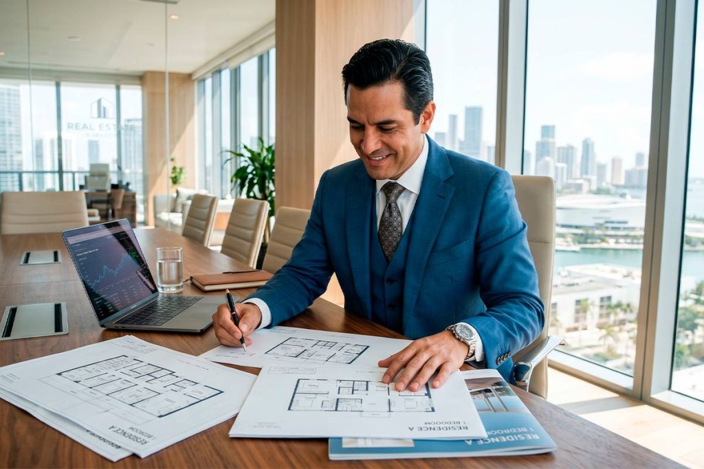 Agente de bienes raíces de lujo revisando planos de "Residence A" en una oficina corporativa con vista al skyline de la ciudad.