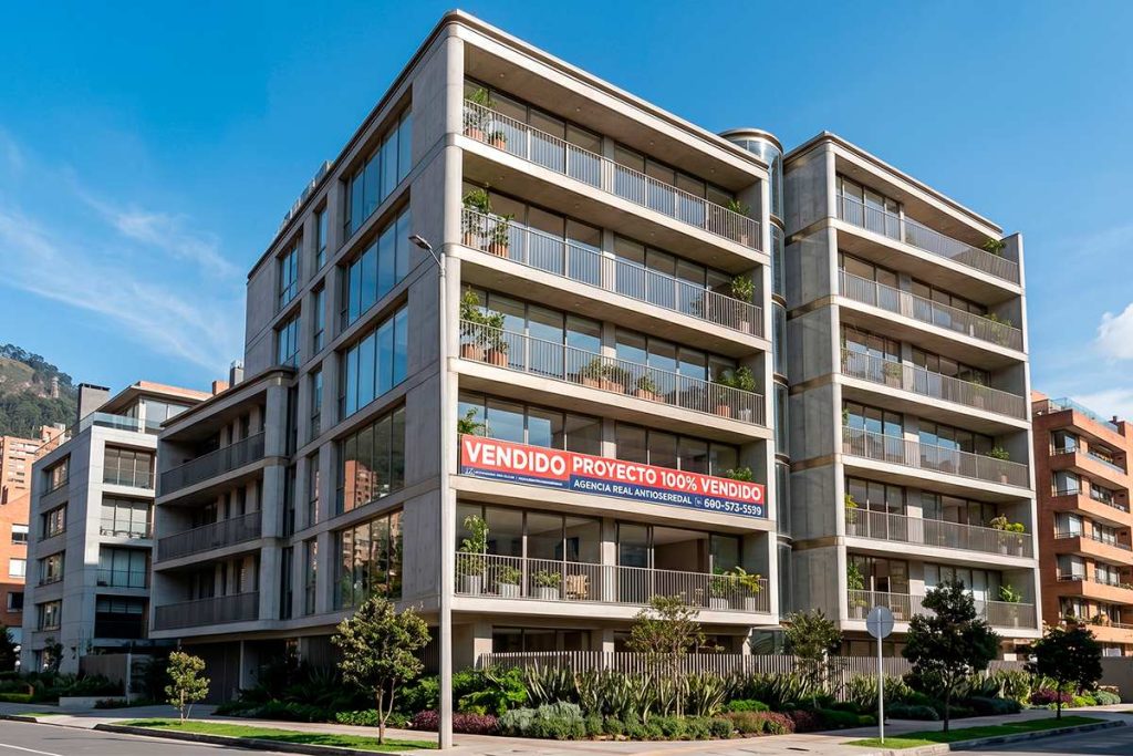 Edificio residencial de lujo con cartel de "Proyecto 100% Vendido".