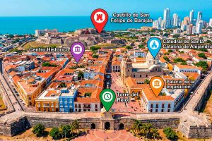 Mapa aéreo del Centro Histórico destacando la cercanía a la Torre del Reloj, el Castillo de San Felipe y la Catedral de Santa Catalina.