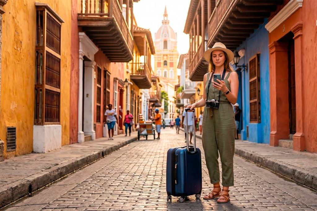 Viajera con maleta disfrutando el Centro Histórico cerca de la Catedral de Santa Catalina durante una estancia exclusiva.
