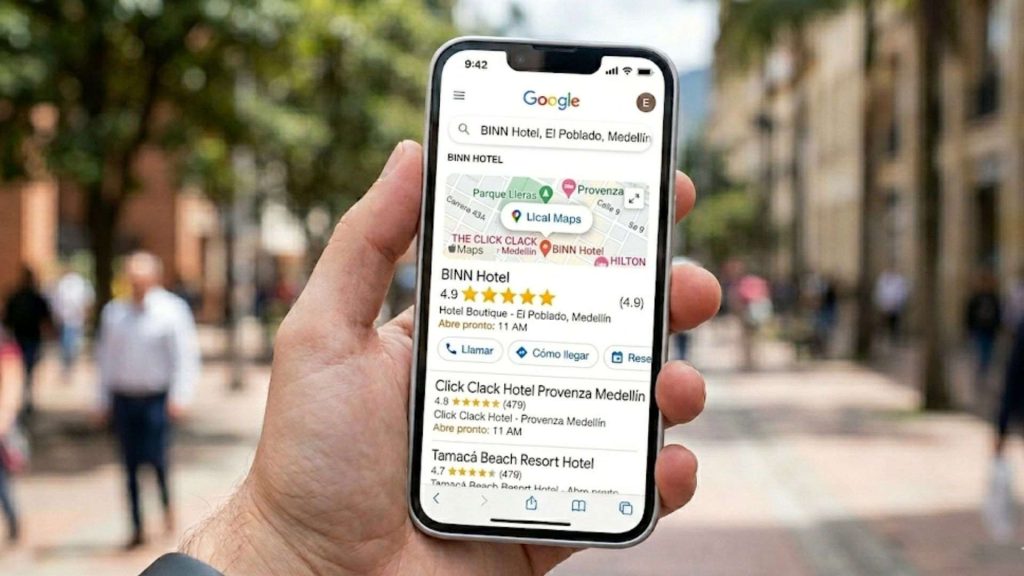 Smartphone mostrando resultados de búsqueda en Google Maps para el BINN Hotel.