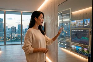 huésped interactuando con un espejo inteligente que muestra conserjería digital, control de habitación y mercado inmobiliario en tiempo real.