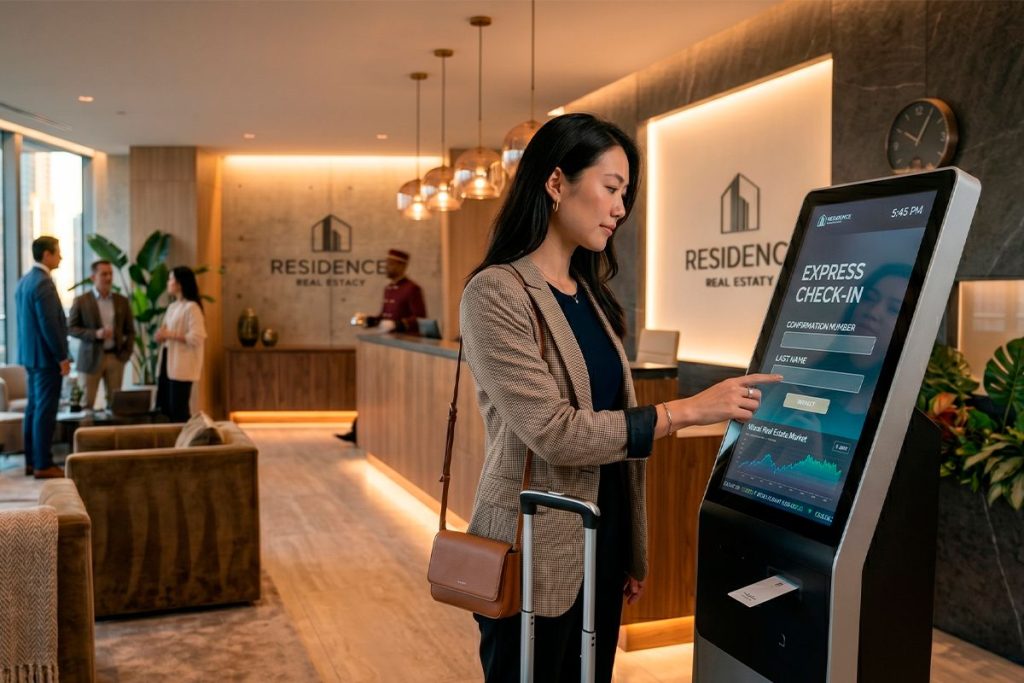 Huésped utilizando un quiosco de "Express Check-in" digital en el lobby de un hotel-residencia de lujo con integración de datos del mercado inmobiliario.