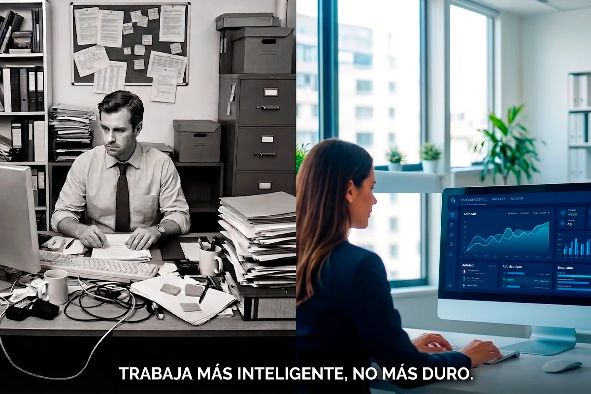 Comparativo antes y después de la transformación digital: oficina análoga caótica versus profesional gestionando dashboard de marketing