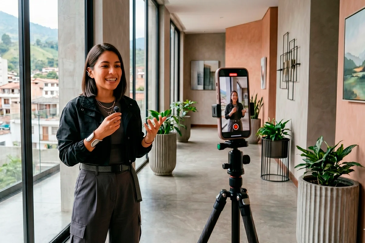 Creadora de contenido grabando video con smartphone en trípode en lobby de hotel boutique en Colombia, estrategia de TikTok