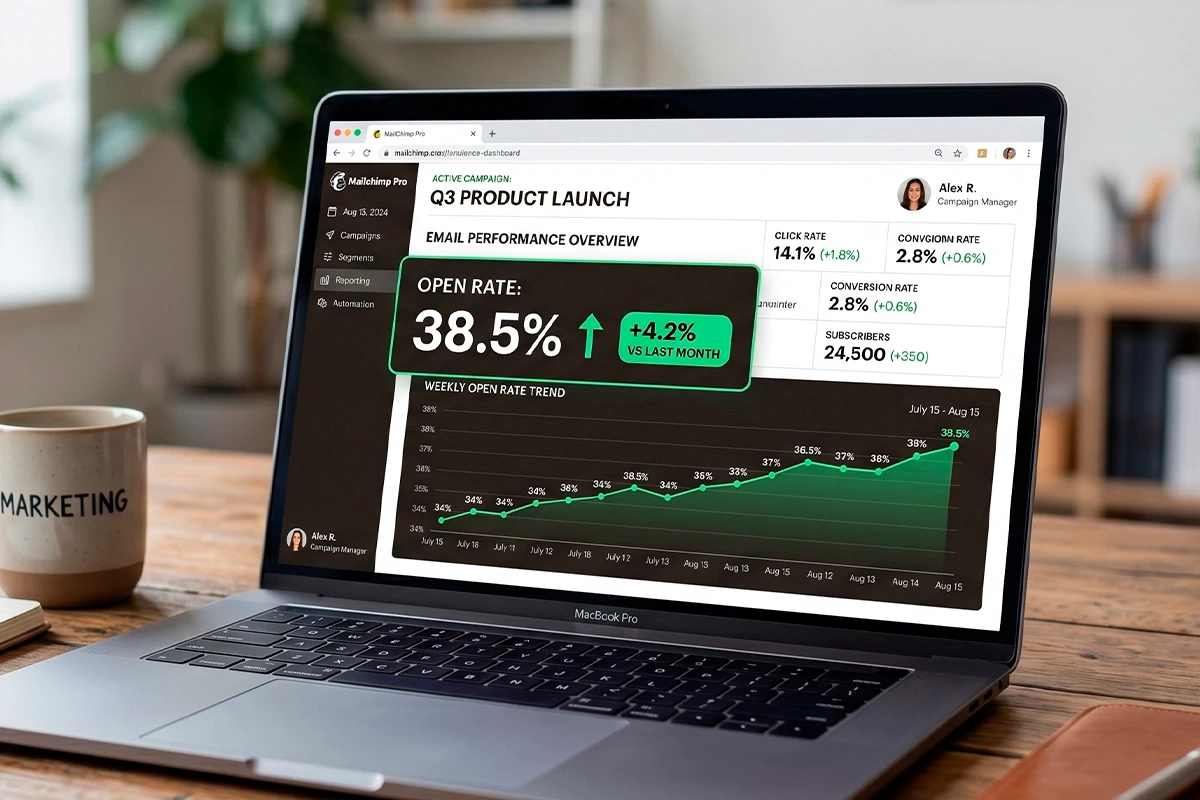 Dashboard de email marketing con open rate de 38.5%, click rate de 14.1% y 24,500 suscriptores