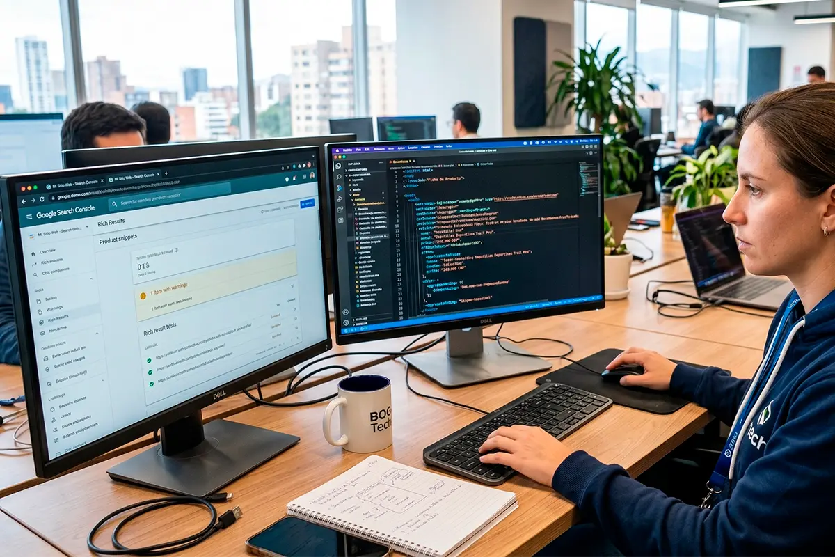 Especialista SEO trabajando con Google Search Console y código structured data en doble monitor para optimizar fichas de producto en ecommerce