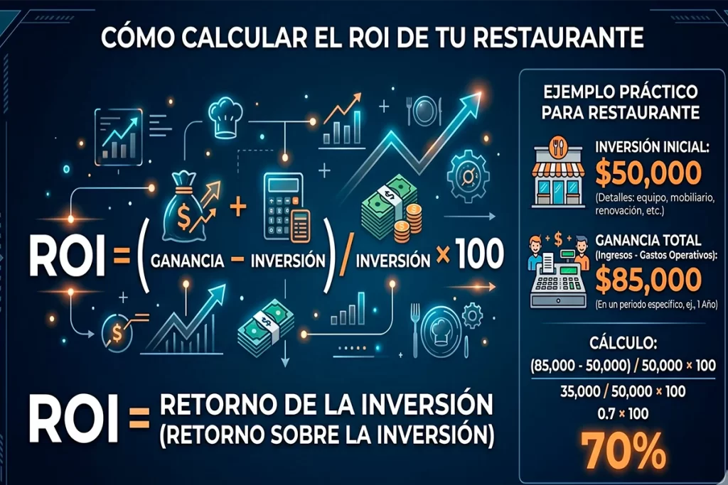 Infografía con fórmula y ejemplo práctico para calcular el ROI de un restaurante: inversión de $50,000, ganancia de $85,000 y resultado de 70%