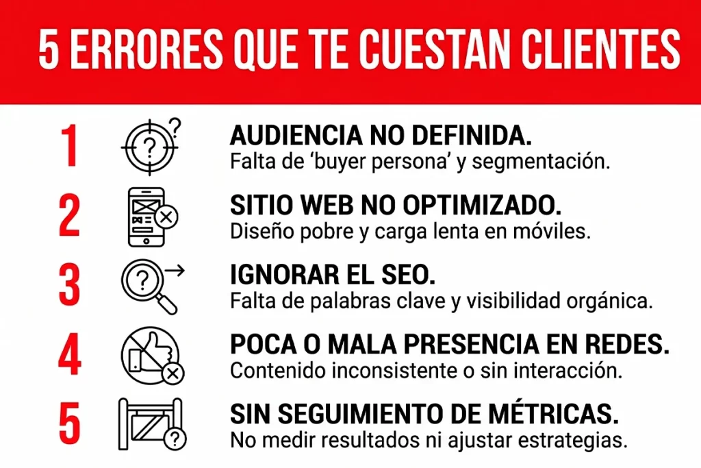 Infografía con cinco errores de marketing digital en restaurantes de Colombia