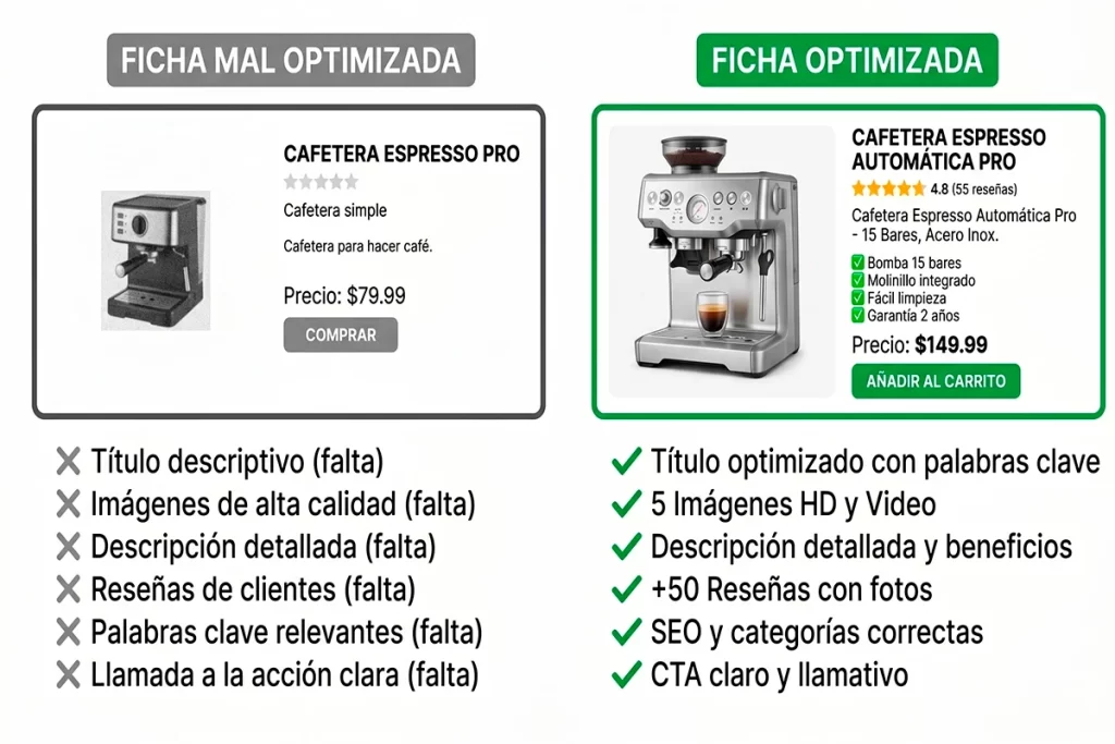 Infografía comparativa de ficha de producto mal optimizada versus optimizada para SEO en ecommerce: título, imágenes, descripción, reseñas y CTA