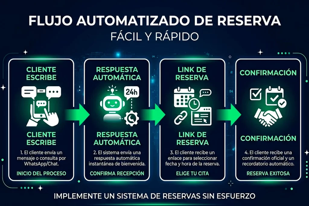 Infografía del flujo automatizado de reservas por WhatsApp en cuatro pasos: cliente escribe, respuesta automática 24h, link de reserva y confirmación
