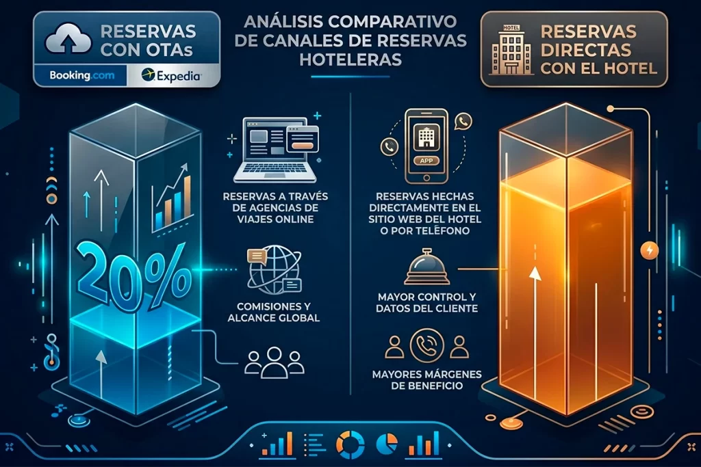 Infografía comparativa de canales de reservas hoteleras: OTAs con 20% de comisión versus reservas directas